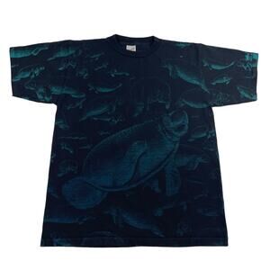 Vintage Manatee Widllife Ocean Animal All Over Print Black Shirt Size Large